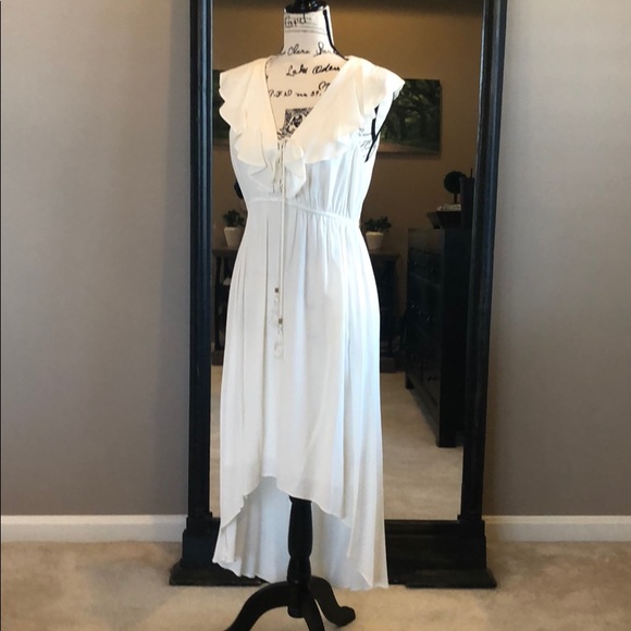 Hale Bob White Ruffled V-neck Hi-Lo, Lace-up Dress - Picture 5 of 7